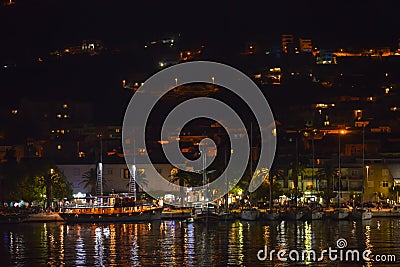 Panoramic night view of Makarska city center Editorial Stock Photo