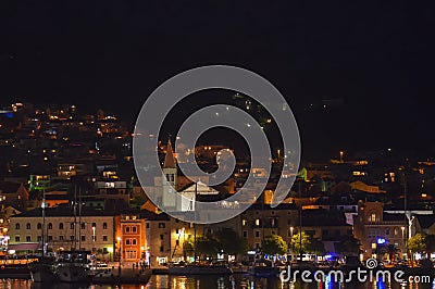 Panoramic night view of Makarska city center Editorial Stock Photo