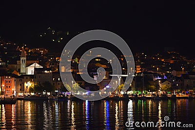 Panoramic night view of Makarska city center Editorial Stock Photo