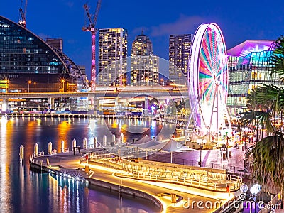 Panoramic night view of Sydney Harbour and City Skyline of Darling Harbour and Barangaroo Australia Editorial Stock Photo