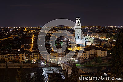 Panoramic night view of Verona taken from Castel San Pietro Stock Photo