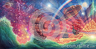 Panoramic oil painting sea landscape on canvas with fantasy sky, stars, clouds, waves, ship, beautiful sunset, sun light beams Cartoon Illustration