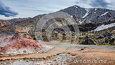 Panoramic over Landmannalaugar, Iceland, old Mount volcano and colorful sulfur vent. Beautiful Icelandic landscape of Stock Photo