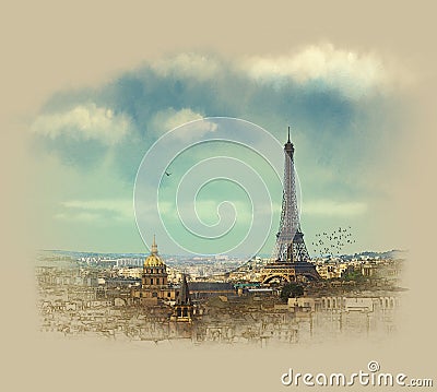 Panoramic Paris view Eiffel tower. Watercolor sketch. Sepia. Stock Photo