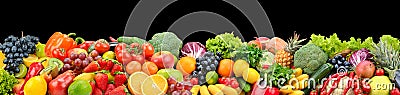 Panoramic photo fruits and vegetables isolated on black Stock Photo