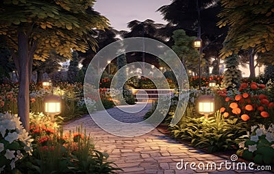 Panoramic Photo of LED Light Posts Illuminated Backyard Garden During Night Hours. Modern Backyard Outdoor Lighting Stock Photo