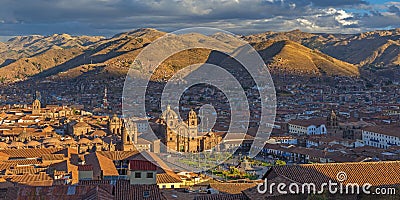 Panorama of Cusco City at Sunset, Peru Stock Photo