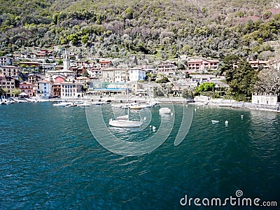 panoramic postcard of the Comacina island of Lake Como Editorial Stock Photo