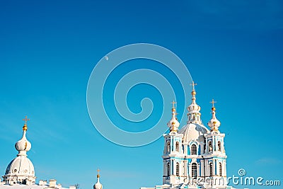Panoramic postcard view of the Smolny Cathedral in winter, Saint-Petersburg Stock Photo