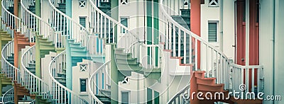 Panoramic rainbow spiral staircases with traditional shop houses in Singapore Stock Photo