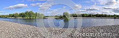 Panoramic river landscape in the polar Urals. Stock Photo