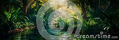 panoramic riverside scene, where shimmering water and lush foliage are brought to life Stock Photo