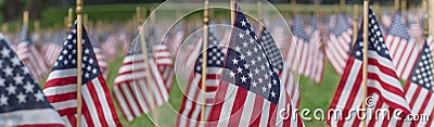 Panoramic row of lawn American flags display on green grass on Memorial Day in Dallas, Texas, USA Stock Photo