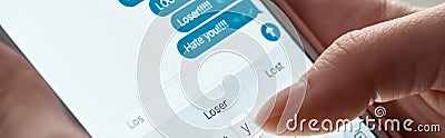 Panoramic shot of abuser sending offensive messages while using smartphone, illustrative editorial. Stock Photo