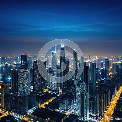 panoramic shot of city skyline at night through a Cartoon Illustration