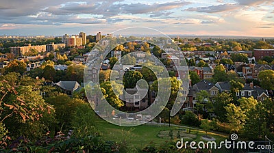 A panoramic shot of a citys residential neighborhoods featuring rows of houses and apartment buildings. Parks Stock Photo