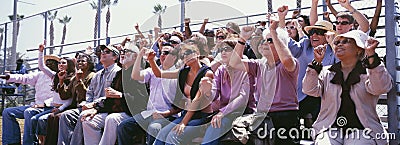 Panoramic shot of crowd cheering in stadium Stock Photo