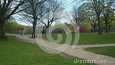 Panoramic Shot Of Early Spring Natural Parck in Swonly, East Kent of London. Hapy Family Walking At The Park. Narure Stock Photo
