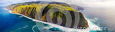 Panoramic shot of the green cliffs of Ponta do Pargo in Madeira Island, Portugal Stock Photo