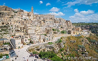 Panoramic sight in Matera in the `Sassi` district, Basilicata, southern Italy. Editorial Stock Photo