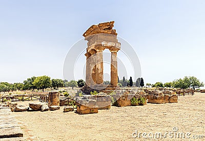 Panoramic Sights of The Temple of Dioscuri Tempio dei Dioscuri In Valley of Temples, Agrigento,Italy, Stock Photo