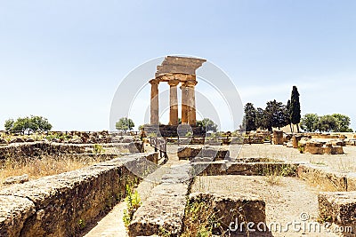 Panoramic Sights of The Temple of Dioscuri Tempio dei Dioscuri In Valley of Temples, Agrigento,Italy, Stock Photo