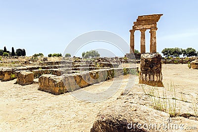 Panoramic Sights of The Temple of Dioscuri Tempio dei Dioscuri In Valley of Temples, Agrigento,Italy, Stock Photo