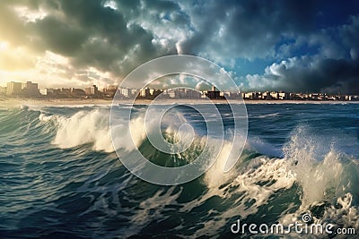 panoramic skyline of coastal city with waves crashing on shore Stock Photo