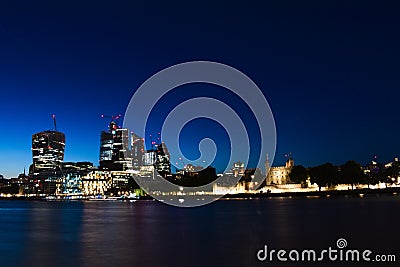 Panoramic skyline view of Bank and Canary Wharf, central London`s leading financial districts with famous skyscrapers at golden h Stock Photo