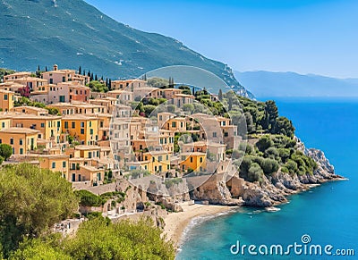 Panoramic of a small and colorful Mediterranean coastal village between the sea and the mountains Stock Photo