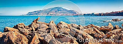 Panoramic spring cityscape of Trapany town. Sunne outdoor scene of Sicily, Italy, Europe. Bright morning sescape of Mediterranean Stock Photo