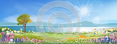 Panoramic of spring village with lake view and mountains with blue sky,Vector cartoon Spring landscape, Panorama countryside in Vector Illustration