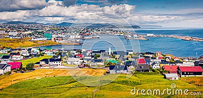 Panoramic summer sityscape of Torshavn town. Stock Photo