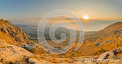 Panoramic sunrise view of the Sea of Galilee from Arbel Stock Photo