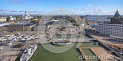 Panoramic sunset aerial view of Helsinki skyline from city port in summer season Editorial Stock Photo