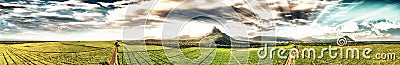 Panoramic sunset view of Mt Rempart and surrounding meadows, Mauritius Stock Photo