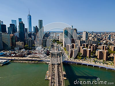 Panoramic top view Brooklyn Bridge showing Manhattan skyline New York Editorial Stock Photo