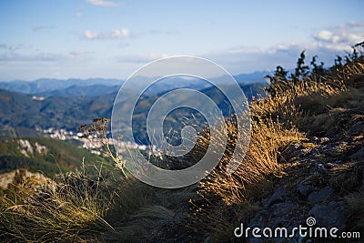 Panoramic top view of the green mountain valley from the top of the cliff in autumn in the Balkans. Stock Photo