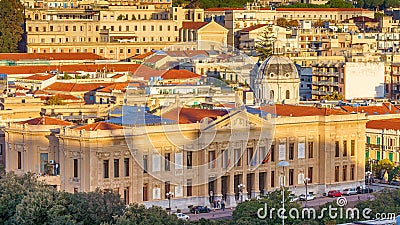 Panoramic top view of the local buildings with the trees, mountains and the sky in the beautiful city of Messina, Sicily, Italy Editorial Stock Photo