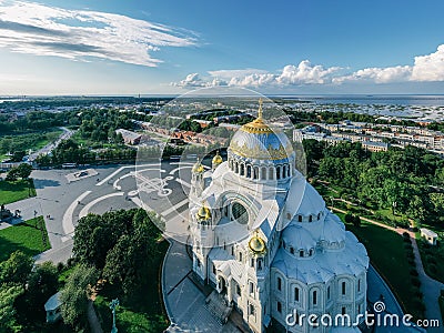 Panoramic top view of the Naval Cathedral of St. Nicholas the Wonderworker in Kronstadt. Anchor area. Kotlin Island. Stock Photo