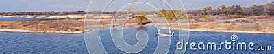 Panoramic top view two anglers fishing from motor boat at Murrell Park, Lake Grapevine, Texas, USA Stock Photo