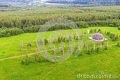 Panoramic top view of the Universal Mind . Wood sculpture in the Art Park Nikola Lenivets. National park in Kaluga Region, Russia Editorial Stock Photo