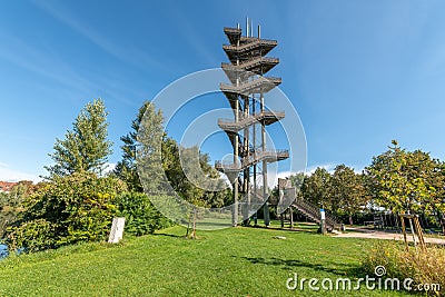 Panoramic tower Weisstannenturm, riverfront observation tower with wiews. Stock Photo