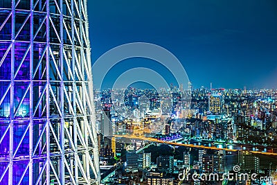 Panoramic urban city skyline aerial view under twilight sky and neon night in tokyo, Japan Editorial Stock Photo