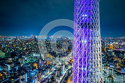 Panoramic urban city skyline aerial view under twilight sky and neon night in tokyo, Japan Editorial Stock Photo