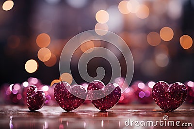 Panoramic Valentines backdrop vivacious magenta, pink red hearts, and glistening bokeh allure Stock Photo