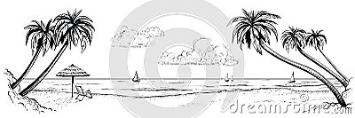 Panoramic vector beach view. Illustration with palms and parasol. Black and white handmade drawing. Vector Illustration