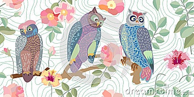 Panoramic vector patterns with owls, roses and branches. Vector Illustration