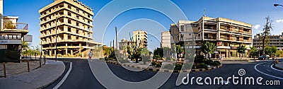 Panoramic view abandoned buildings in the ghost town Varosha (Kapali Maras) district. Editorial Stock Photo