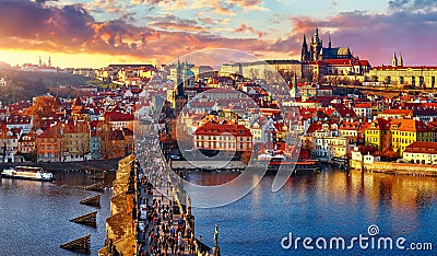 Panoramic view above at Charles Bridge Prague Stock Photo